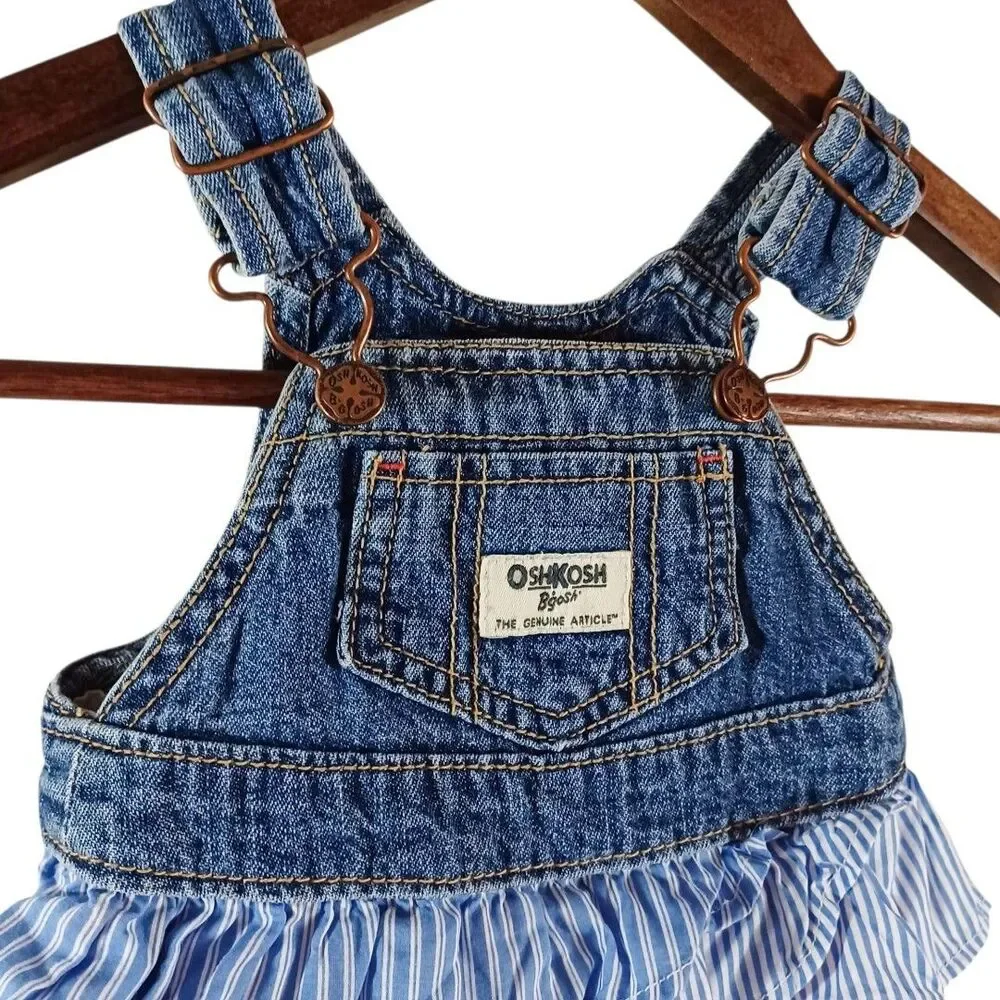 OshKosh B’gosh 6M Denim Ruffle Overall Dress Baby Girl Blue Stripe Tiered Skirt